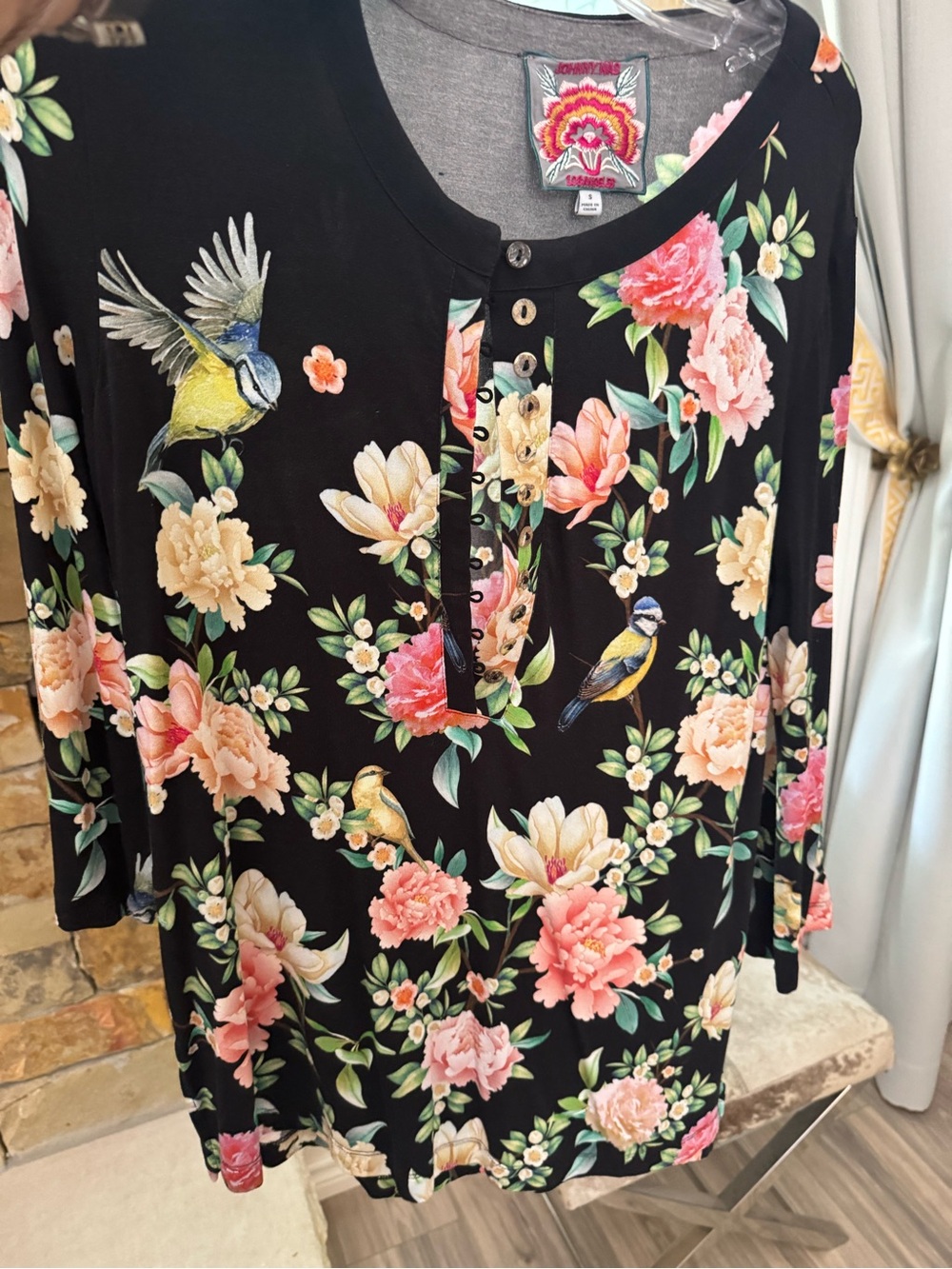 Johnny Was Black Henley Top with Pink, Cream & Green Floral Print